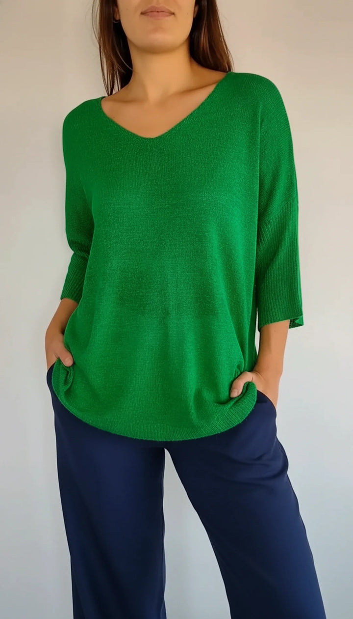 Women's Knit V-Neck Blouse Three-Quarter Sleeve Relaxed T-Shirt
