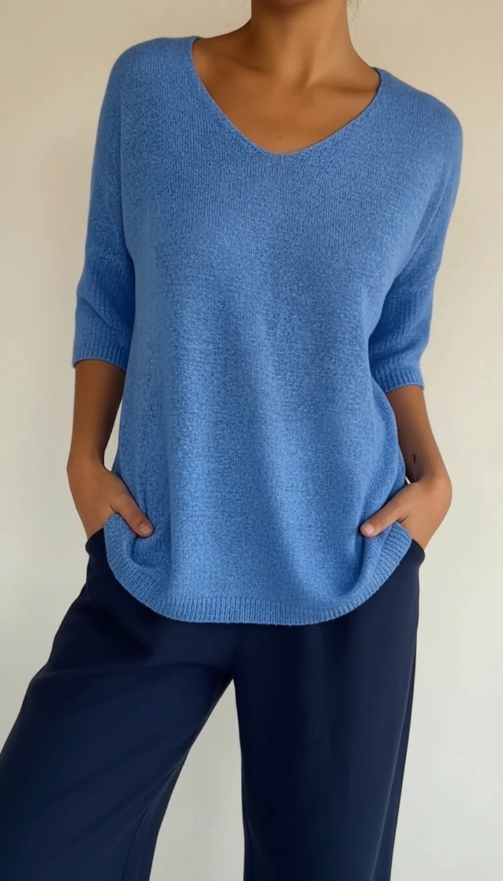 Women's Knit V-Neck Blouse Three-Quarter Sleeve Relaxed T-Shirt