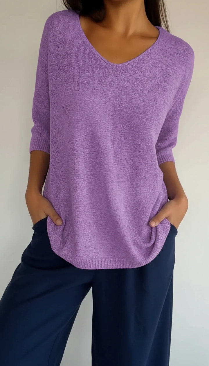 Women's Knit V-Neck Blouse Three-Quarter Sleeve Relaxed T-Shirt