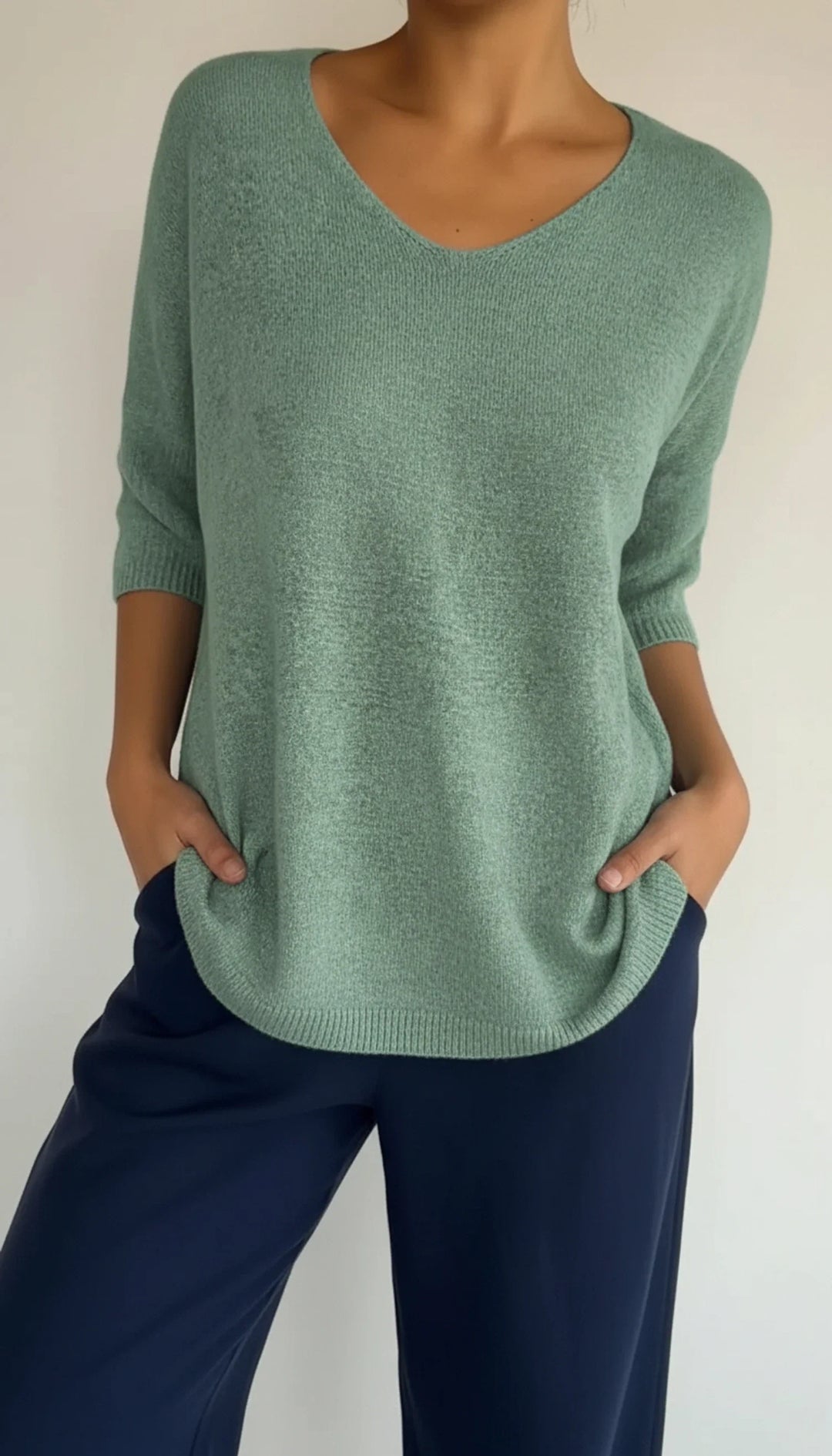 Women's Knit V-Neck Blouse Three-Quarter Sleeve Relaxed T-Shirt