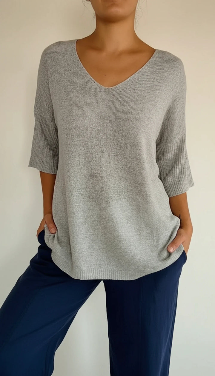 Women's Knit V-Neck Blouse Three-Quarter Sleeve Relaxed T-Shirt