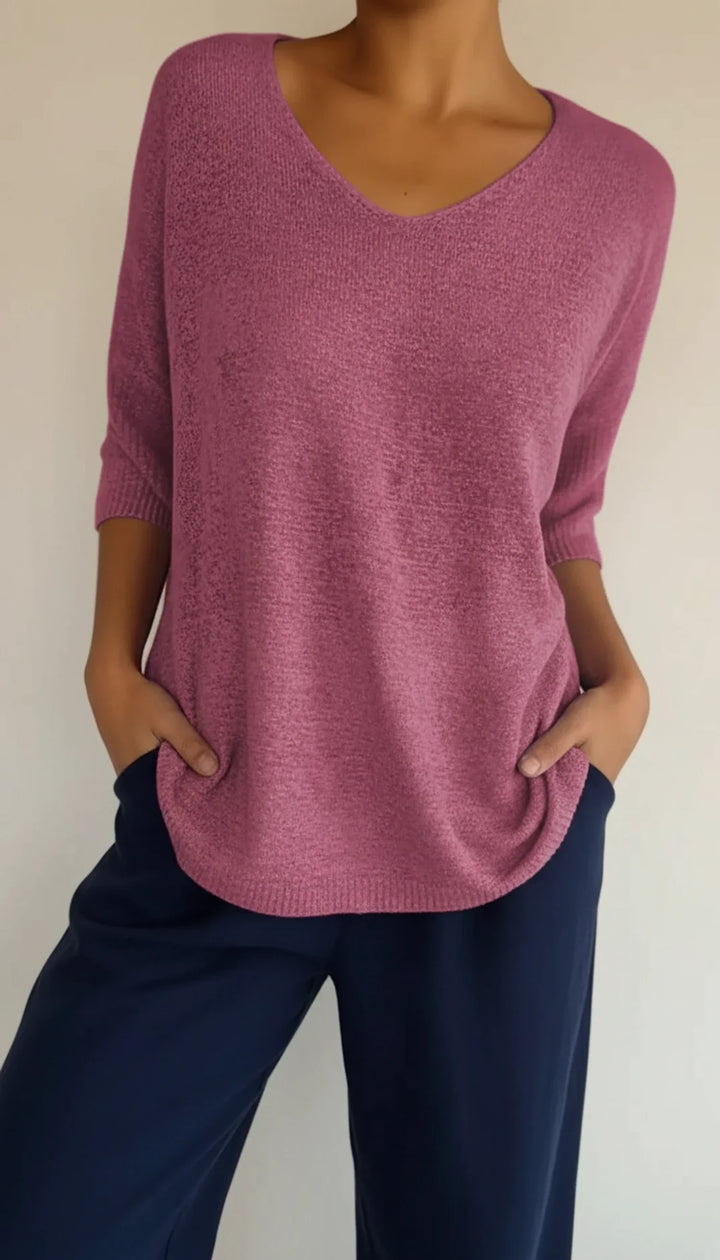Women's Knit V-Neck Blouse Three-Quarter Sleeve Relaxed T-Shirt