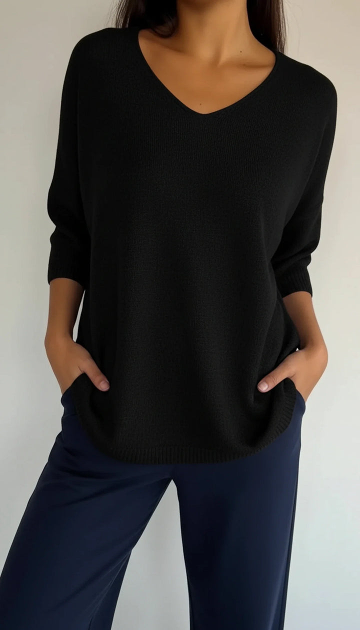 Women's Knit V-Neck Blouse Three-Quarter Sleeve Relaxed T-Shirt