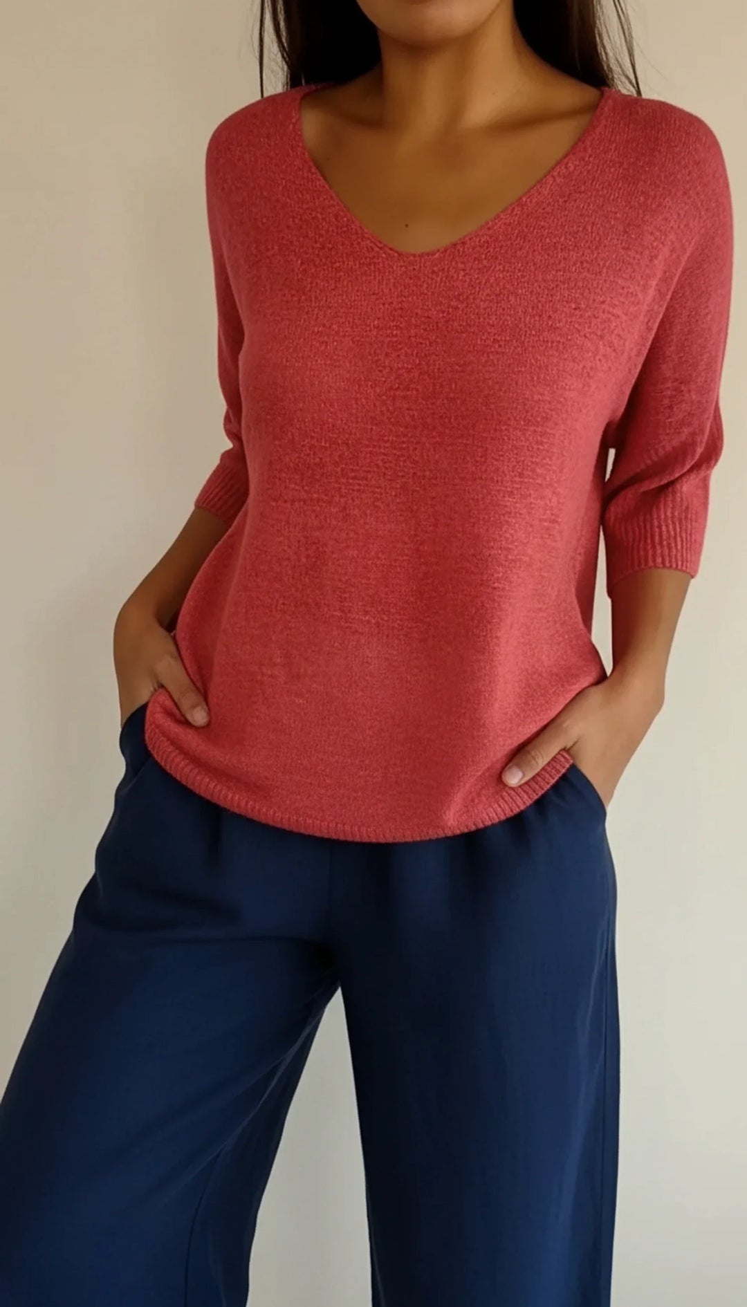 Women's Knit V-Neck Blouse Three-Quarter Sleeve Relaxed T-Shirt