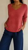 Women's Knit V-Neck Blouse Three-Quarter Sleeve Relaxed T-Shirt