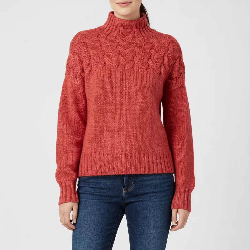 Women's Merino Wool Cable Knit Turtleneck Pullover