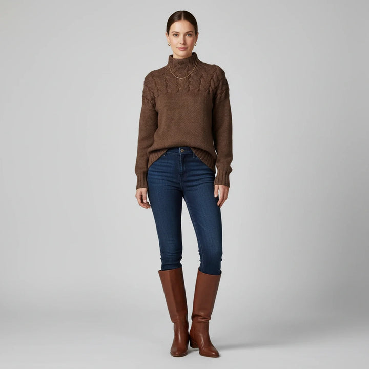 Women's Merino Wool Cable Knit Turtleneck Pullover
