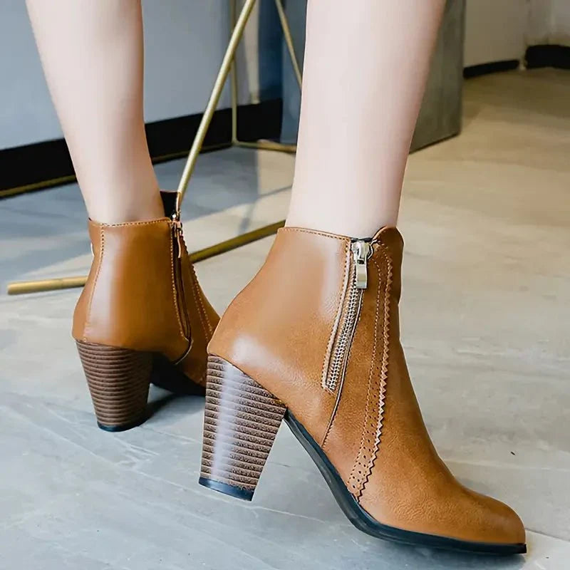 Bottines en cuir pour femmes à talon bloc avec fermeture éclair