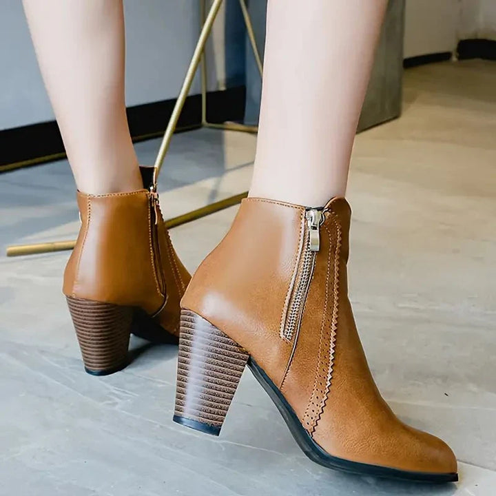 Bottines en cuir pour femmes à talon bloc avec fermeture éclair