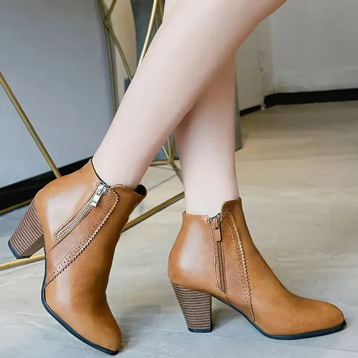 Bottines en cuir pour femmes à talon bloc avec fermeture éclair