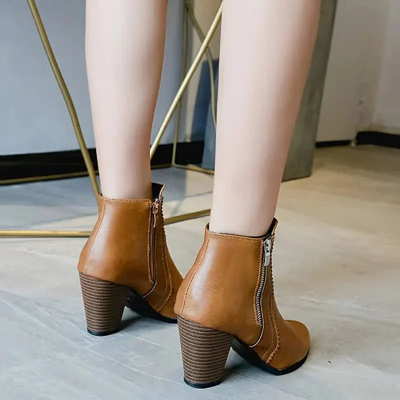Bottines en cuir pour femmes à talon bloc avec fermeture éclair