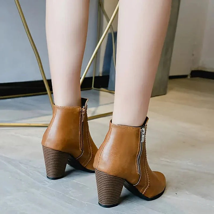 Bottines en cuir pour femmes à talon bloc avec fermeture éclair