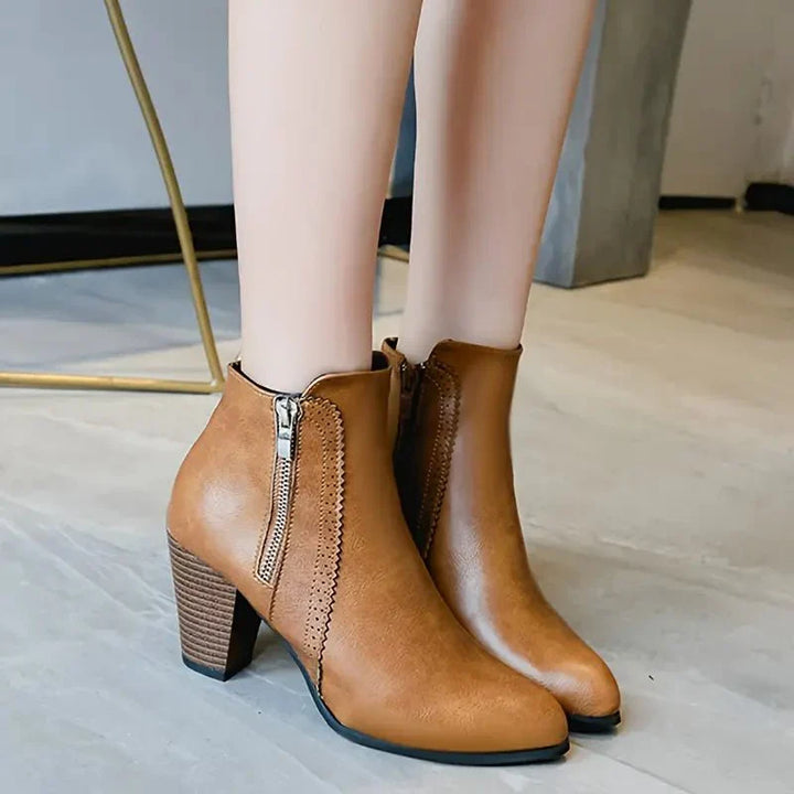 Bottines en cuir pour femmes à talon bloc avec fermeture éclair