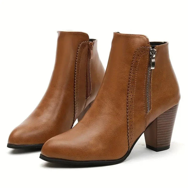 Bottines en cuir pour femmes à talon bloc avec fermeture éclair