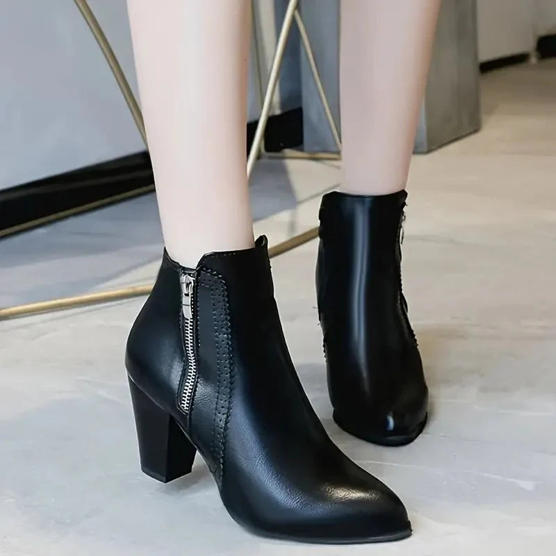 Bottines en cuir pour femmes à talon bloc avec fermeture éclair