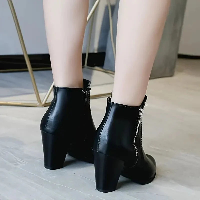 Bottines en cuir pour femmes à talon bloc avec fermeture éclair