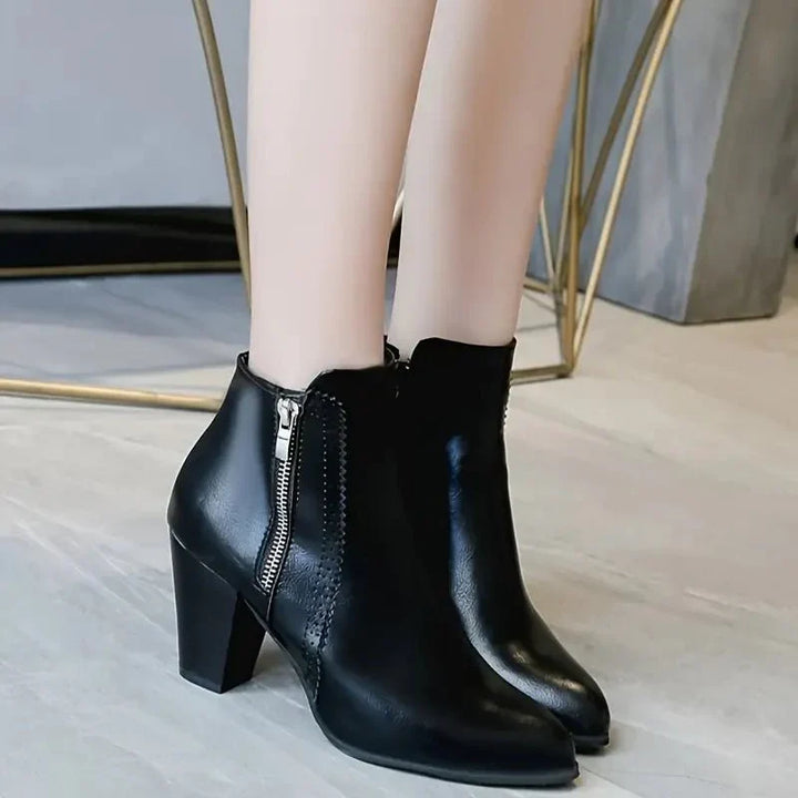 Bottines en cuir pour femmes à talon bloc avec fermeture éclair