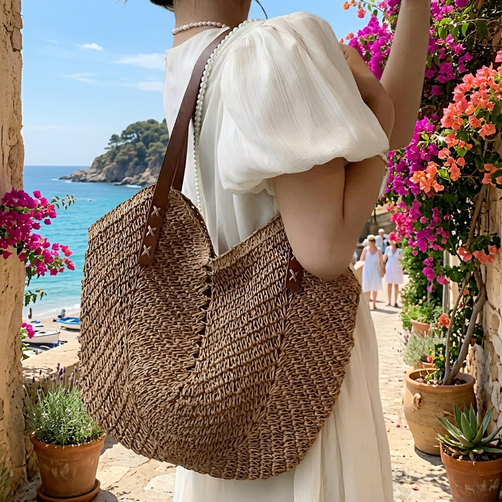 Women's Straw Woven Tote Shoulder Bag Beach Handbag