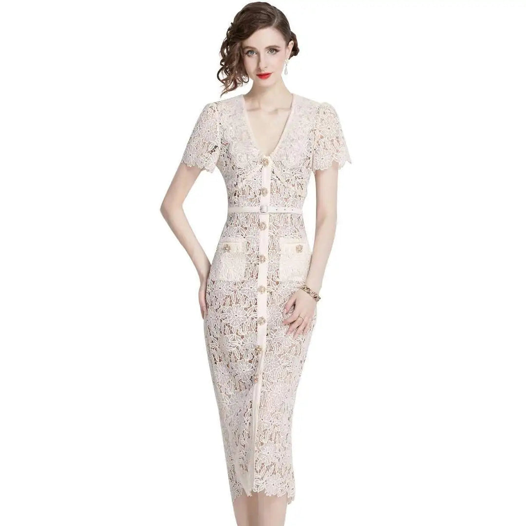 Women's Lace Elegant Short Sleeve Bodycon Midi Dress