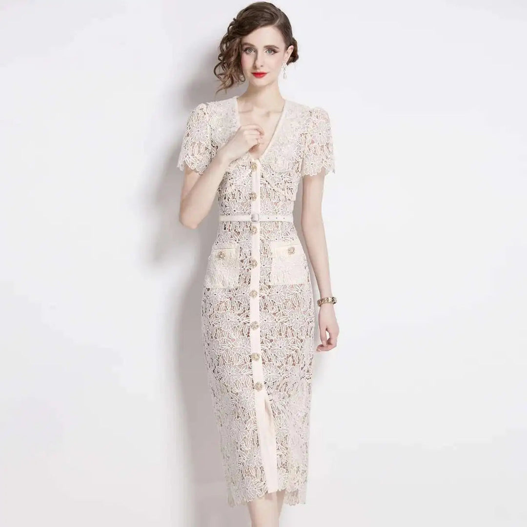 Women's Lace Elegant Short Sleeve Bodycon Midi Dress