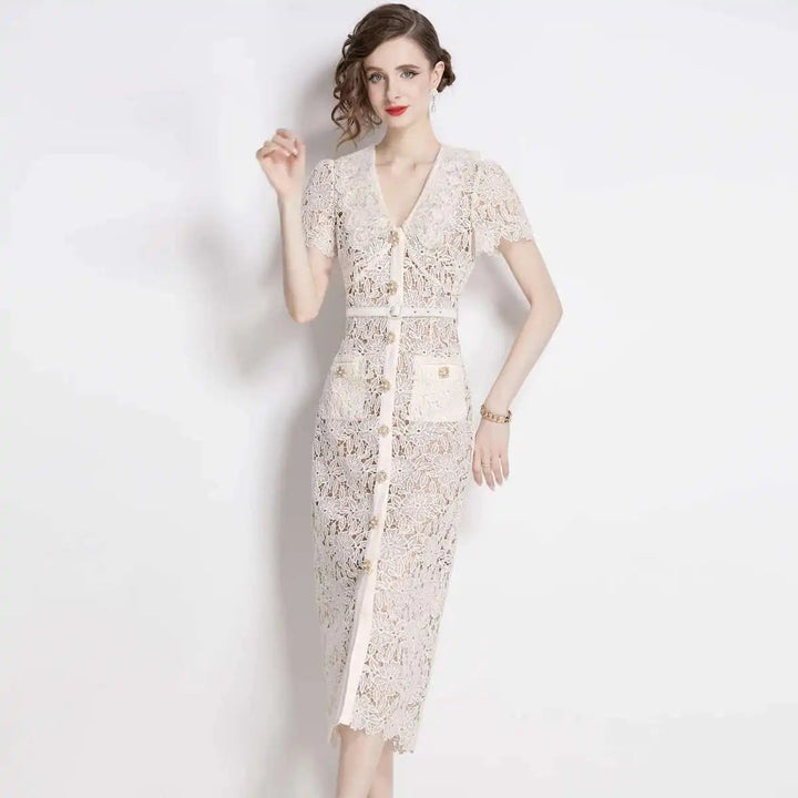 Women's Lace Elegant Short Sleeve Bodycon Midi Dress