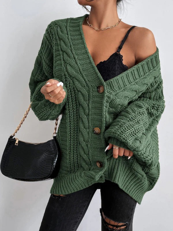 Veste cardigan ample pour femme en maille torsadée épaisse à manches ballon