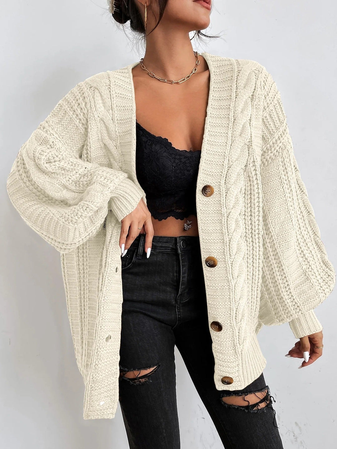 Veste cardigan ample pour femme en maille torsadée épaisse à manches ballon