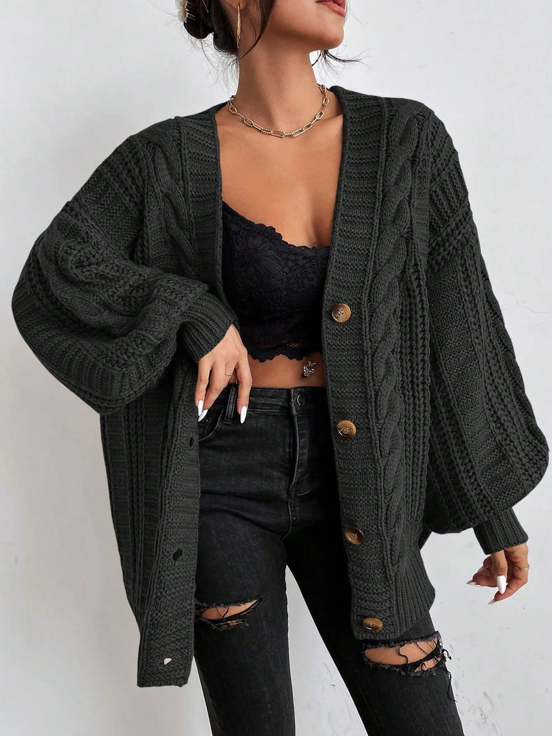 Veste cardigan ample pour femme en maille torsadée épaisse à manches ballon