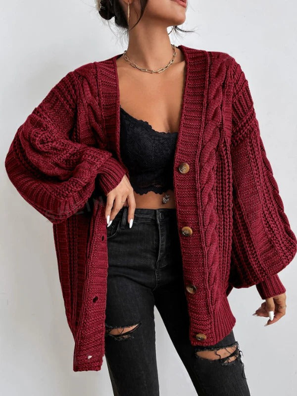 Veste cardigan ample pour femme en maille torsadée épaisse à manches ballon