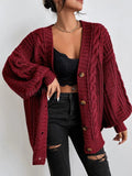 Veste cardigan ample pour femme en maille torsadée épaisse à manches ballon