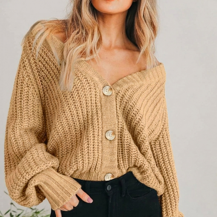 Cardigan en maille pour femme, pull à manches ballon volumineuses