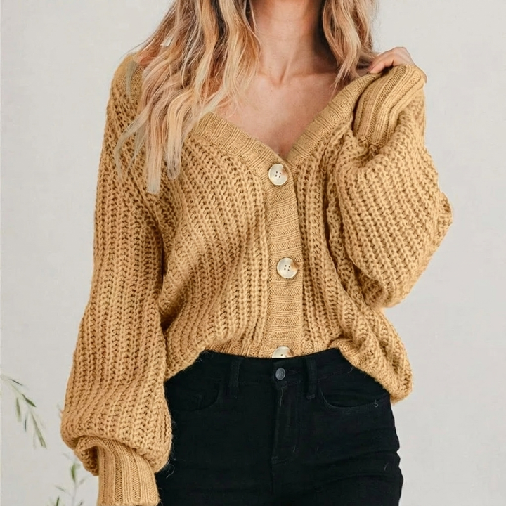 Cardigan en maille pour femme, pull à manches ballon volumineuses