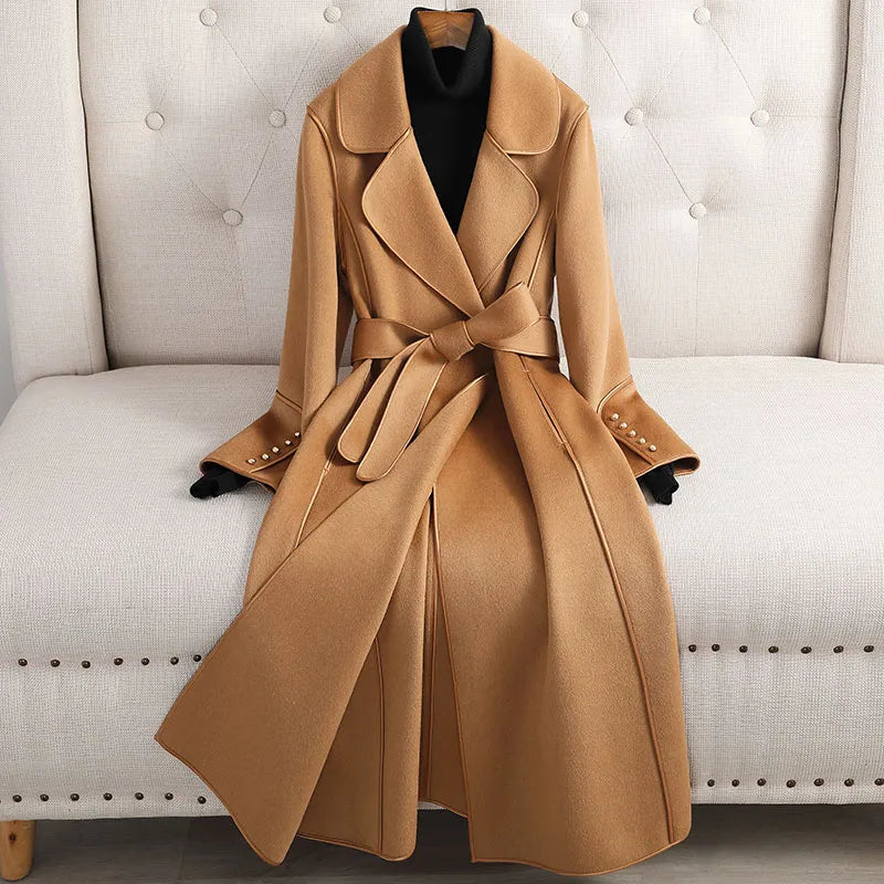 Women Wool Trench Coat Longline Belted Wrap Overcoat