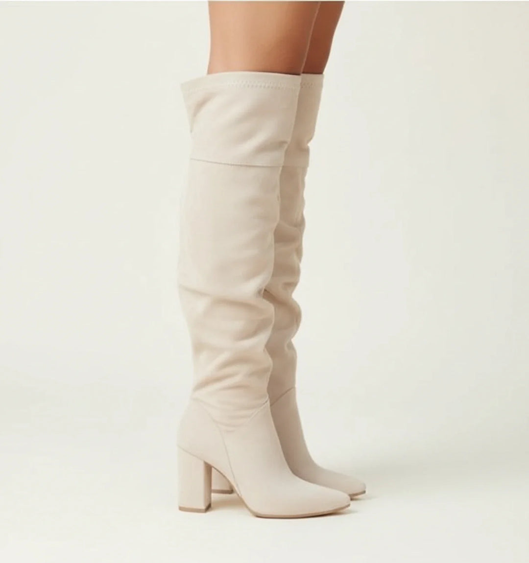 Women's Knee High Leather Boots Block Heel Slouchy Shoes