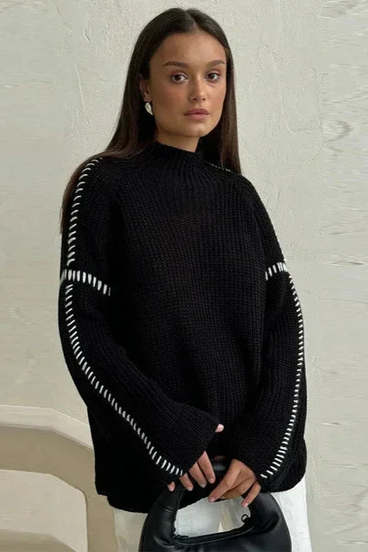 Dámský pletený svetr s krátkým stojáčkem, oversized střih, robustní dlouhé rukávy