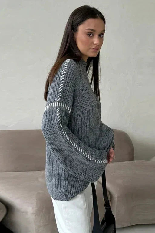 Dámský pletený svetr s krátkým stojáčkem, oversized střih, robustní dlouhé rukávy