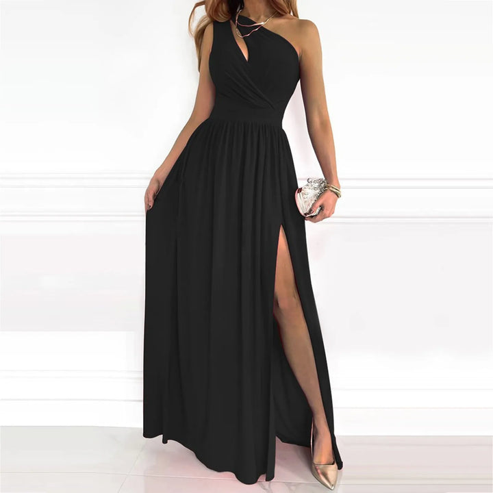 Robe longue de soirée en satin pour femme, à une épaule, taille haute et fente latérale