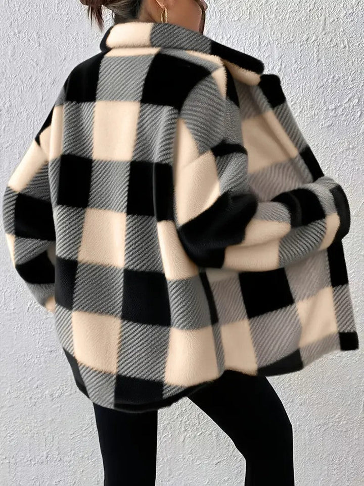 Dámská kostkovaná bunda Sherpa oversized typu shacket s plyšovým kožíškem