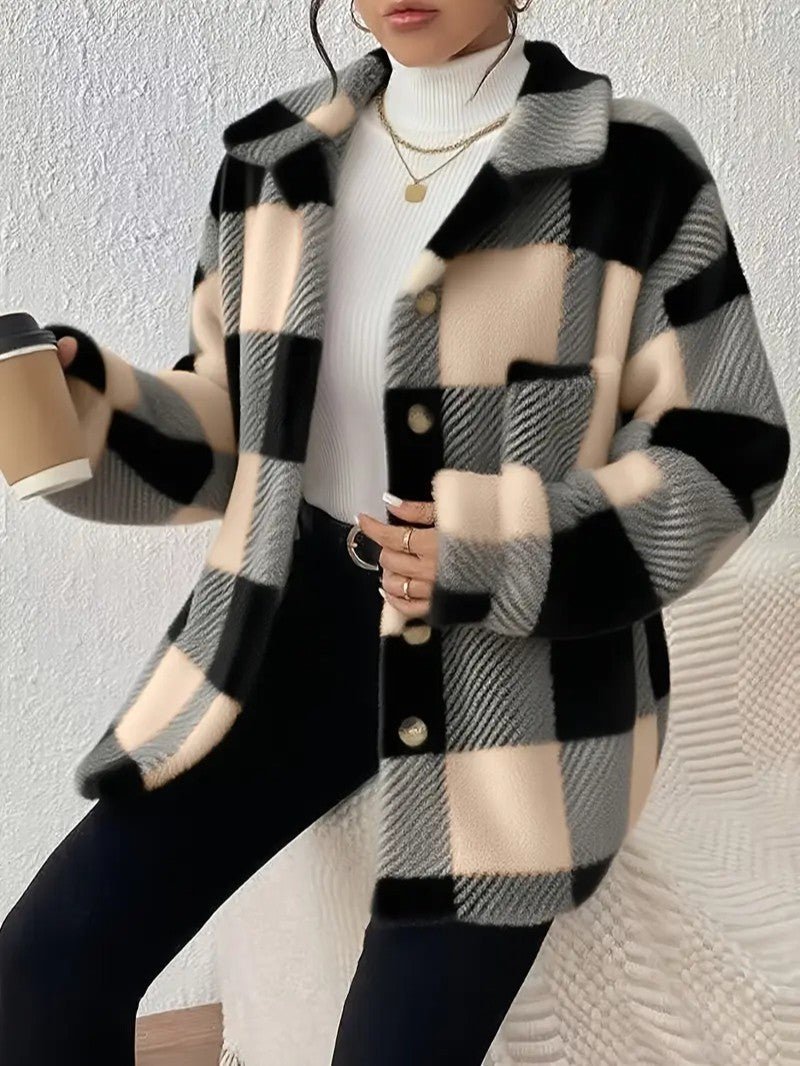 Dámská kostkovaná bunda Sherpa oversized typu shacket s plyšovým kožíškem