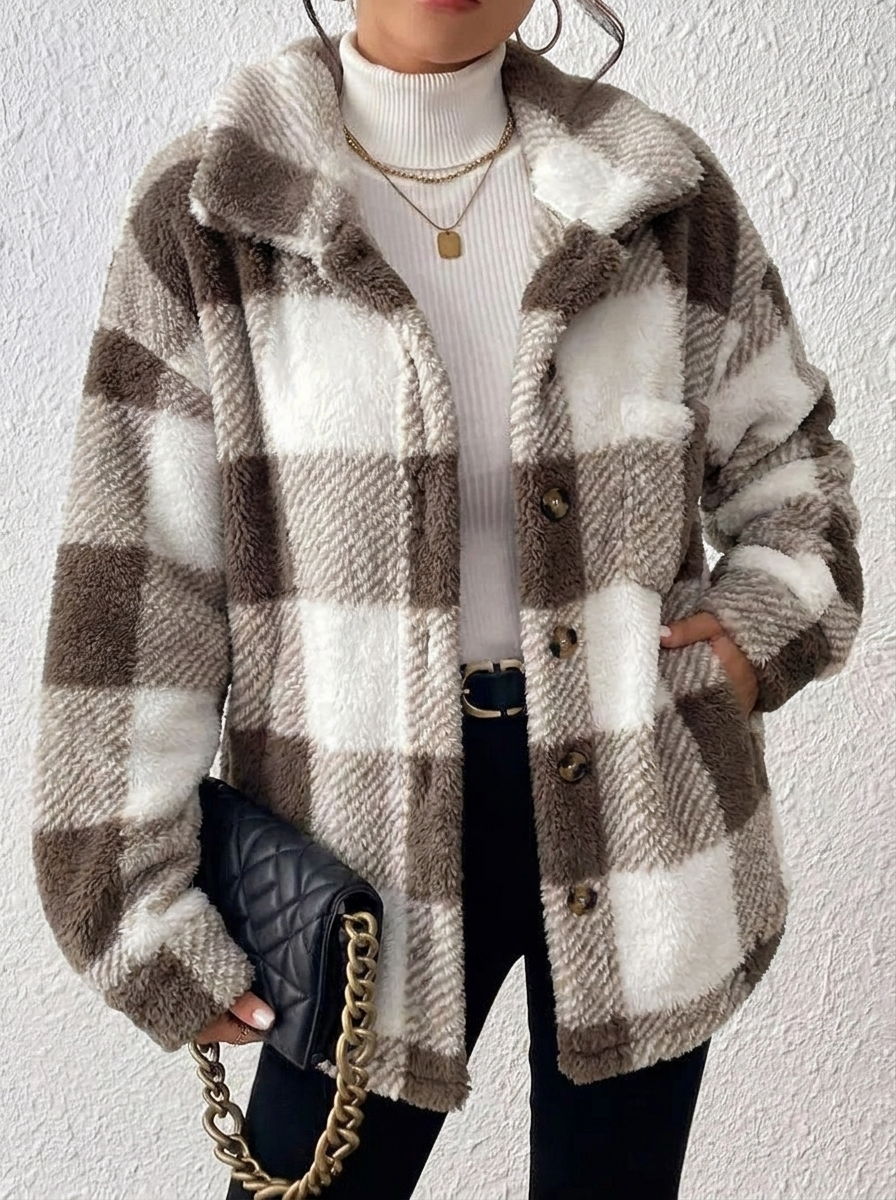 Dámská kostkovaná bunda Sherpa oversized typu shacket s plyšovým kožíškem