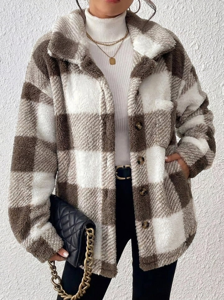 Dámská kostkovaná bunda Sherpa oversized typu shacket s plyšovým kožíškem