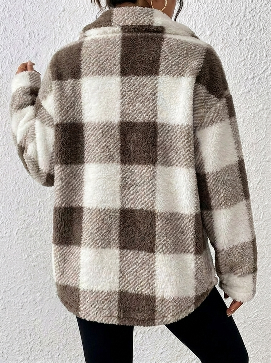 Dámská kostkovaná bunda Sherpa oversized typu shacket s plyšovým kožíškem