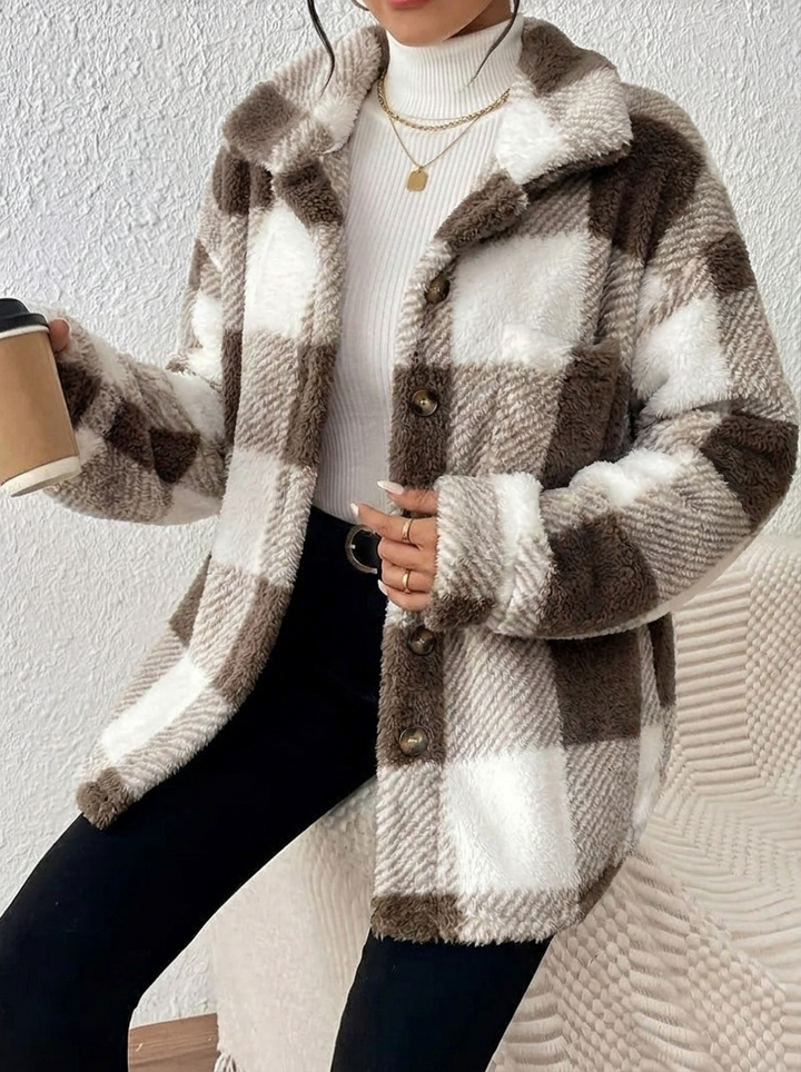 Dámská kostkovaná bunda Sherpa oversized typu shacket s plyšovým kožíškem