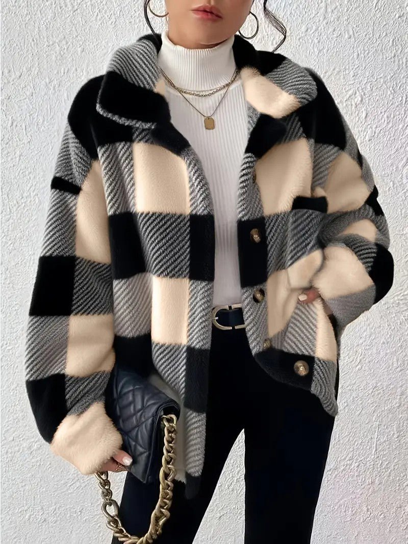 Dámská kostkovaná bunda Sherpa oversized typu shacket s plyšovým kožíškem