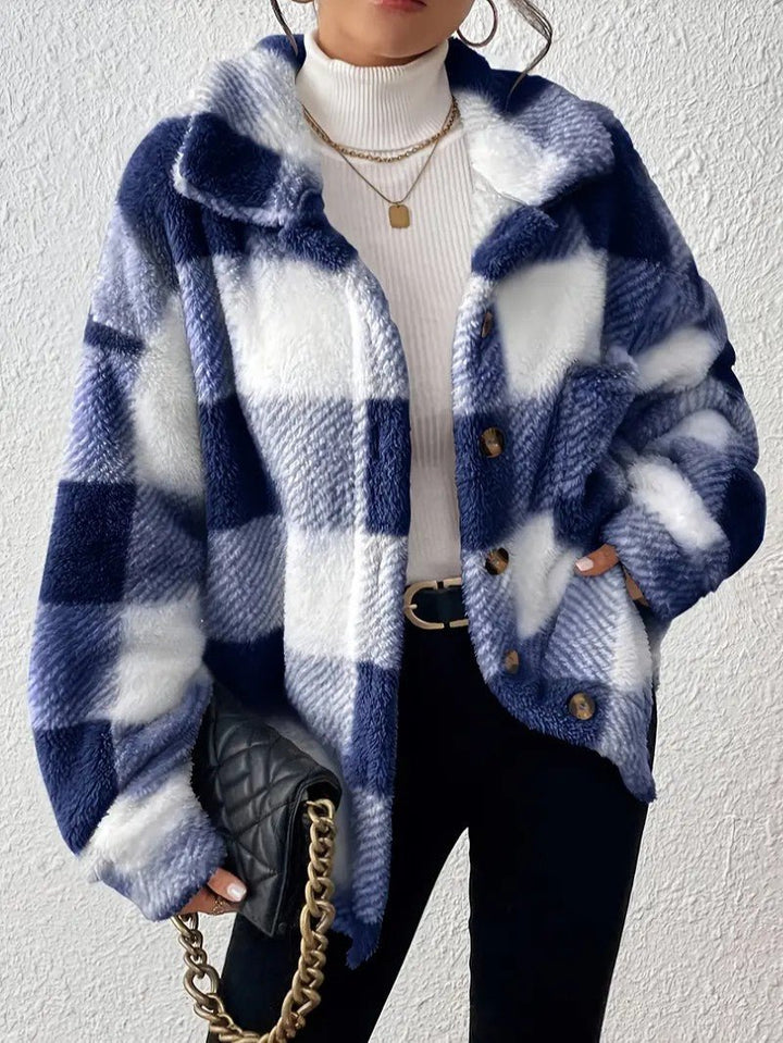 Dámská kostkovaná bunda Sherpa oversized typu shacket s plyšovým kožíškem