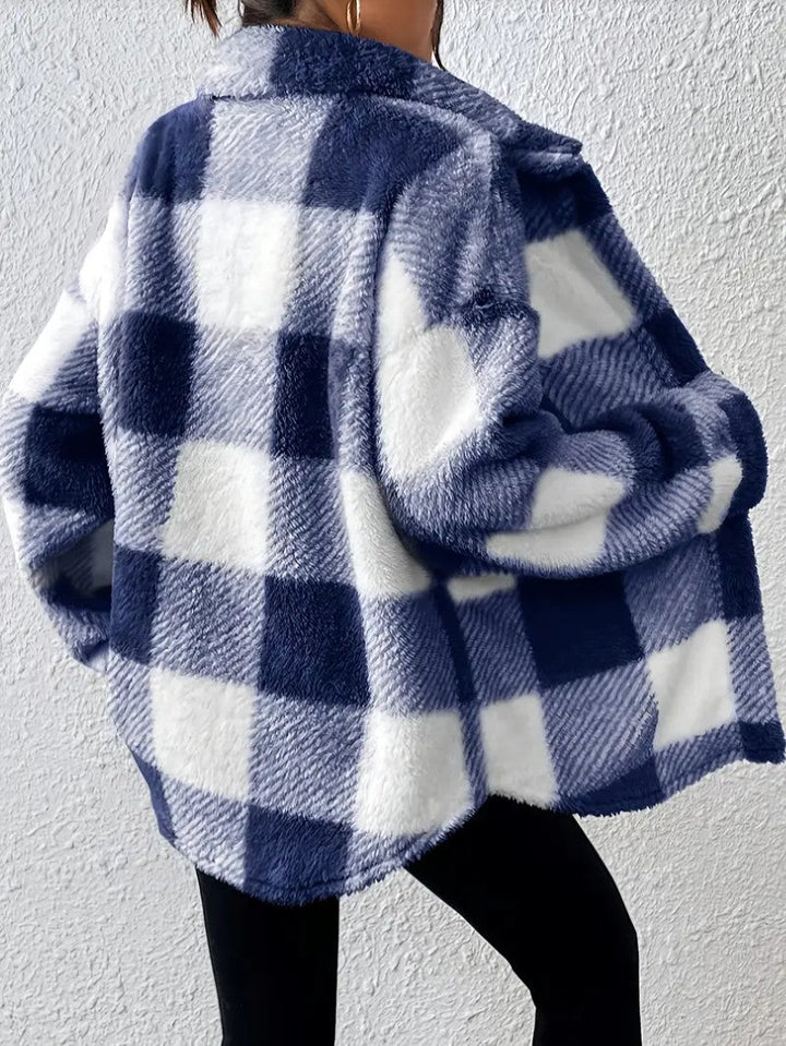 Dámská kostkovaná bunda Sherpa oversized typu shacket s plyšovým kožíškem