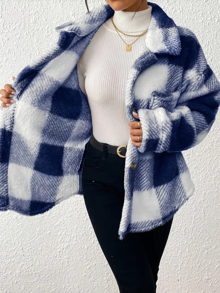 Dámská kostkovaná bunda Sherpa oversized typu shacket s plyšovým kožíškem