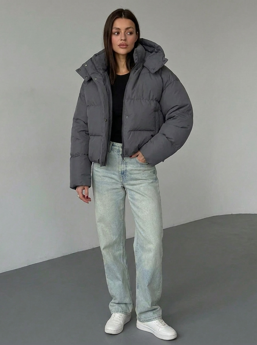 Puffer Jacket Women's Fleece Hooded Crop Coat