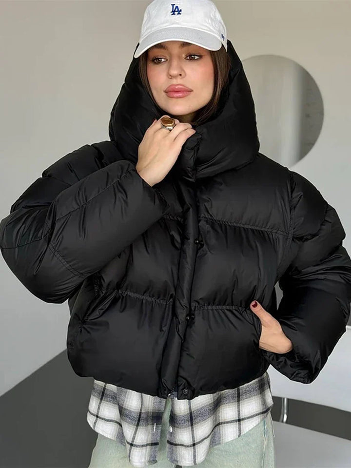 Puffer Jacket Women's Fleece Hooded Crop Coat