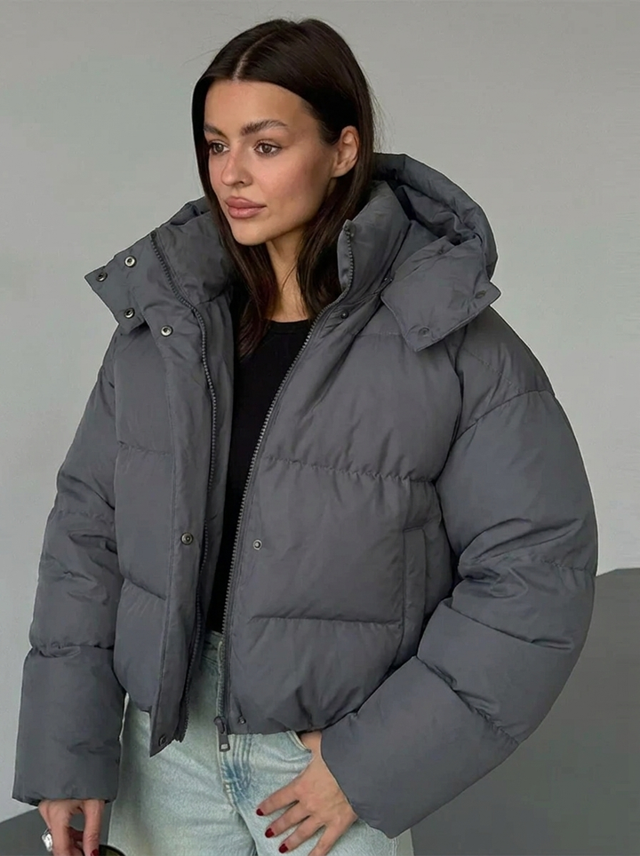 Puffer Jacket Women's Fleece Hooded Crop Coat